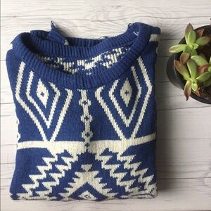 Blue and Cream Geometric Knit Sweater - Women's